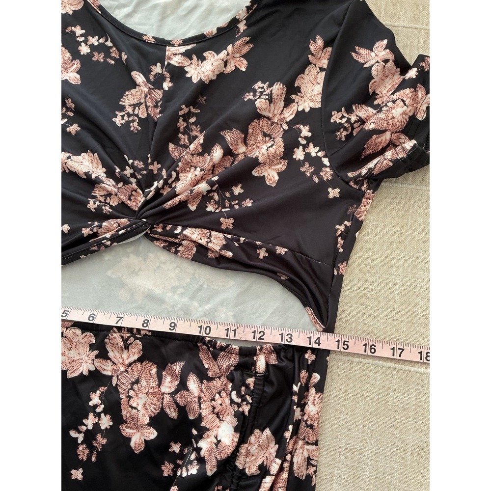 SHEIN SXY Midi Dress XL Black Pink Floral Cutout Ruched Side Slit Twist Front - Picture 7 of 10